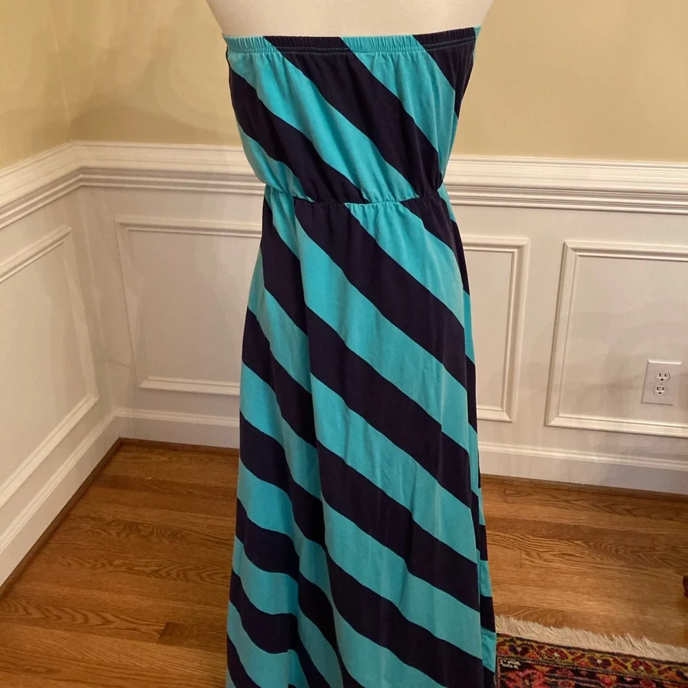 Lilly Pulitzer Strapless Maxi Dress in Teal and Navy Diagonal Stripe - Picture 3 of 5